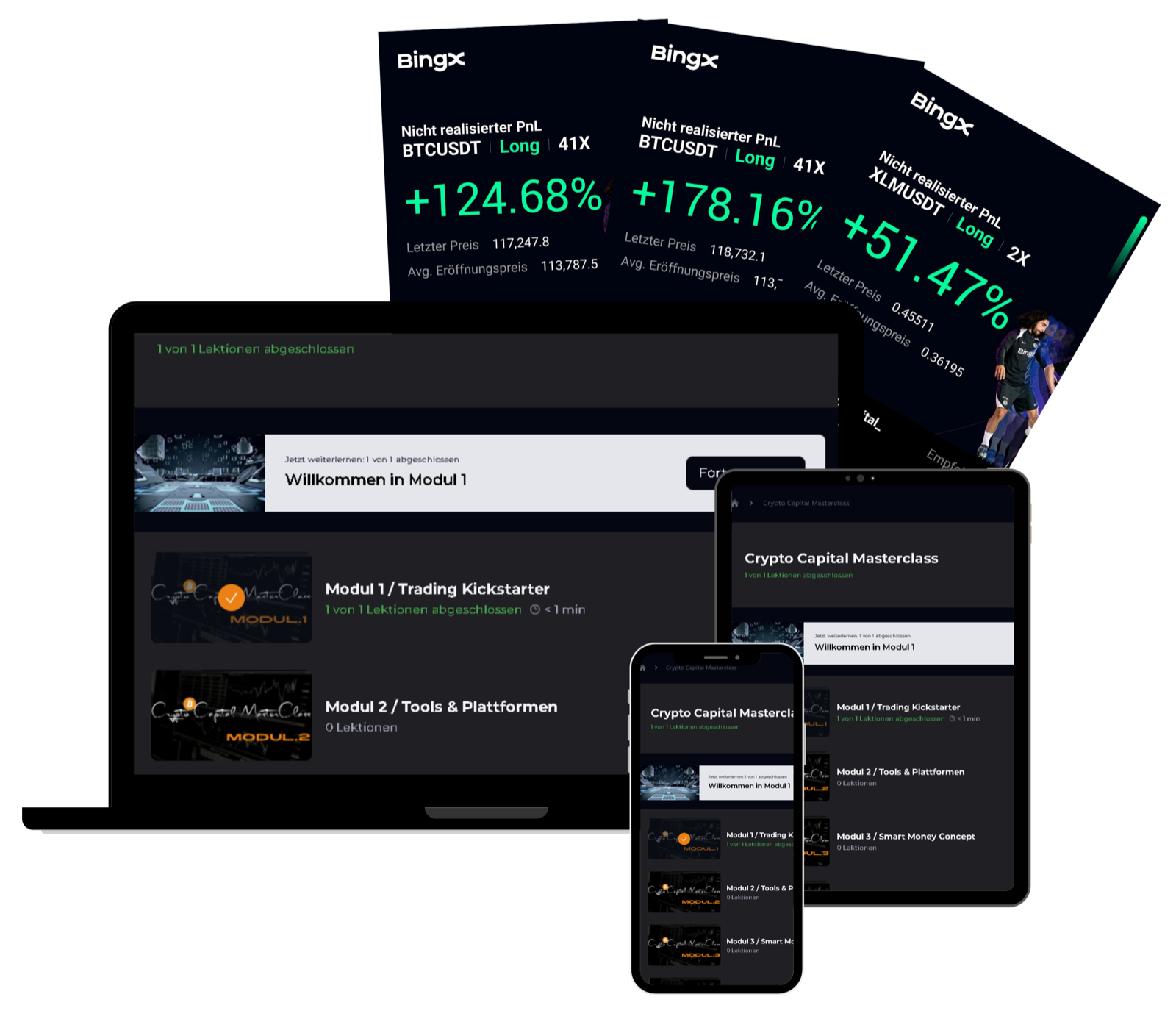 Crypto Capital Masterclass Kursbereich auf Laptop, Tablet und Smartphone